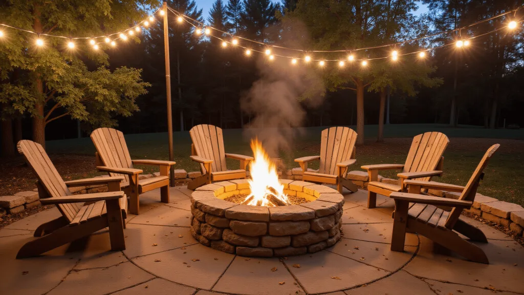"Rustic backyard with stone firepit, weathered Adirondack chairs, string lights, and fallen autumn leaves at golden hour"