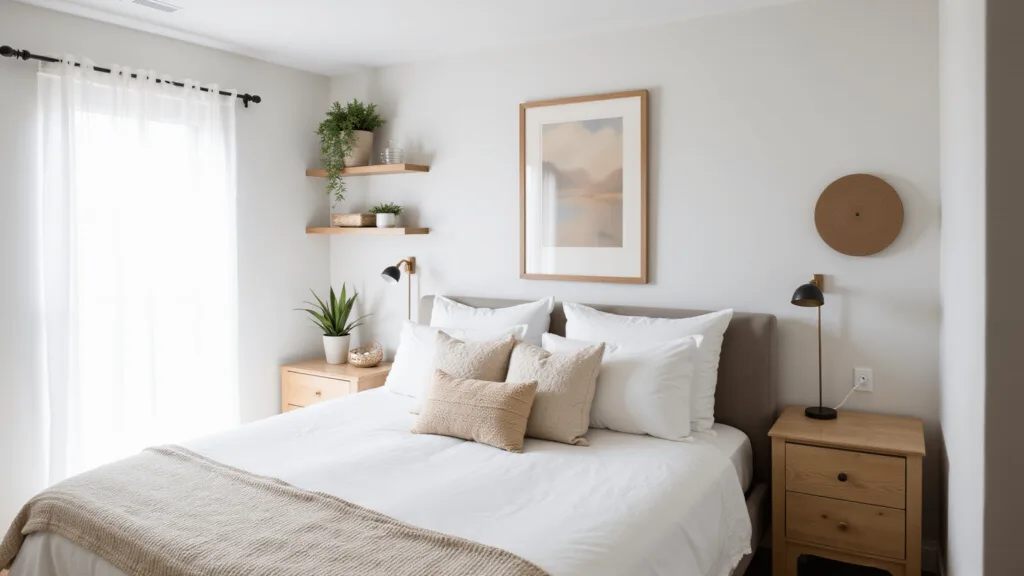 "Cozy small bedroom in neutral palette with natural light, a queen bed, wood nightstands, and minimalist decor"