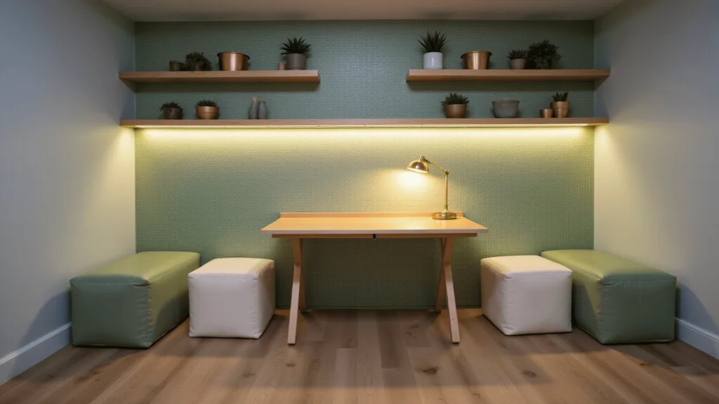 "Cozy dorm room study nook with oak desk, LED lights, pegboard wall, and minimalist decor featuring succulents and copper accents"