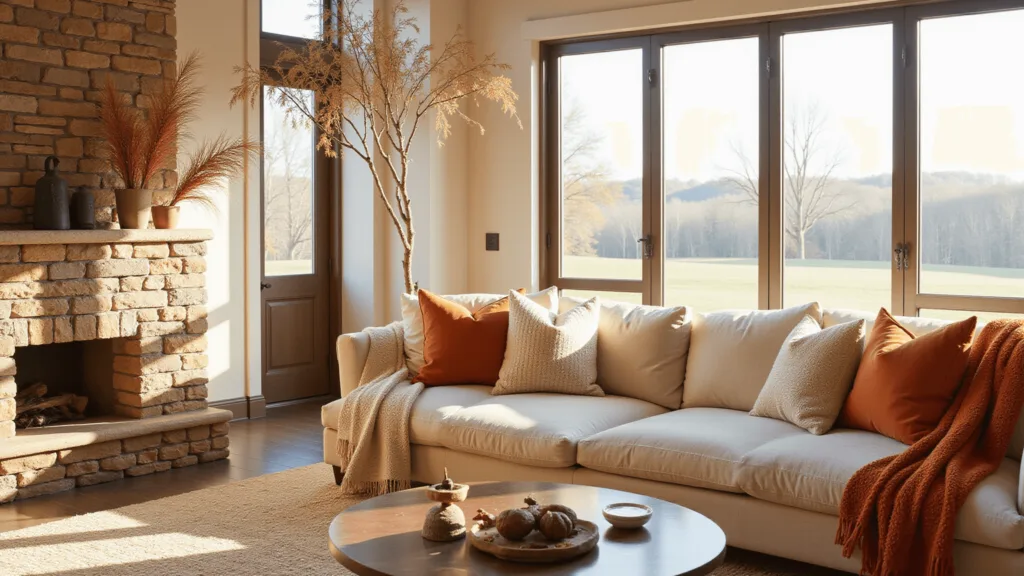 "Cozy living room with vaulted ceiling, sunlit pampas grass, and orange velvet throws creating a warm, autumnal atmosphere."