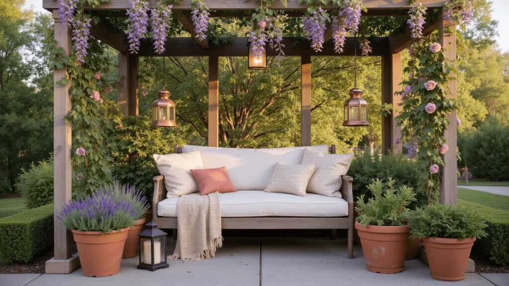 "Comfortable loveseat under a wooden pergola in a garden during golden hour, surrounded by container gardens, climbing roses, and wisteria"