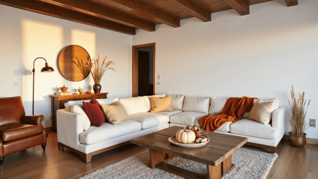 "Cozy modern farmhouse living room with exposed wooden beams, cream linen sectional with orange throws, vintage leather armchair, copper floor lamp, and reclaimed wood coffee table decorated with pumpkins and wheat stalks during golden hour."