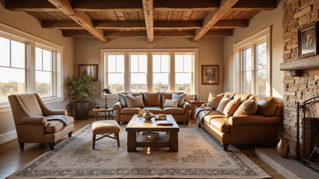 "Rustic living room with golden sunlight, leather sofa, wooden beams, stone fireplace, vintage textiles, and handcrafted pottery during golden hour"