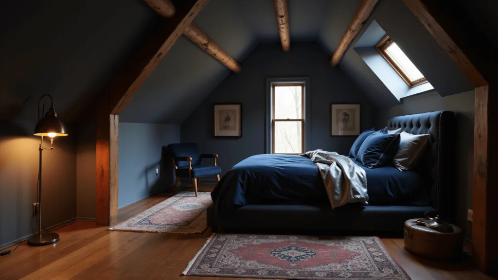 "Dramatic attic bedroom with dark charcoal walls, vintage decor, and moody lighting"