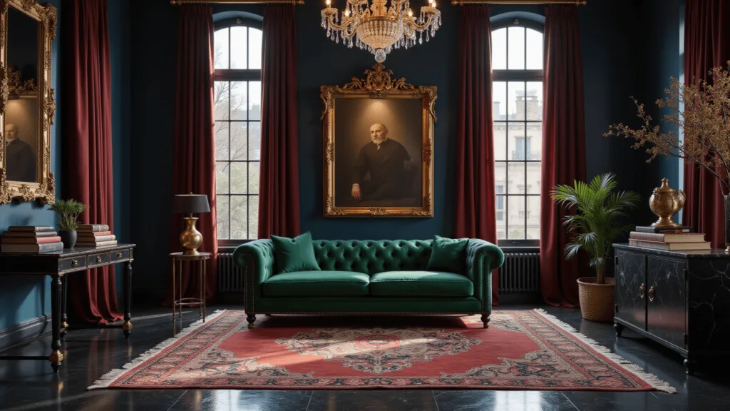 "Luxurious dark maximalist interior with navy walls, emerald velvet sofa, vintage brass accents, crystal chandelier, Persian rugs, leather-bound books, gold mirrors, and black marble surfaces, with soft light filtering through burgundy drapes"