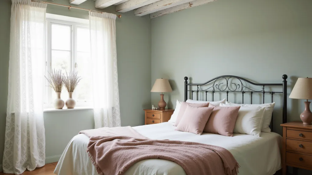 "Sunny cottagecore bedroom with sage green walls, vintage iron bed, exposed wooden beams, and dried lavender vases on oak nightstands"