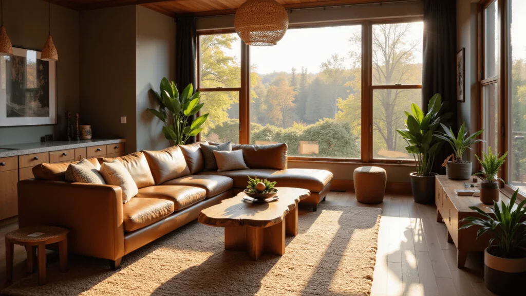 "Sunlit living room with earthy tones featuring a leather sectional, walnut coffee table and rattan pendant lights"