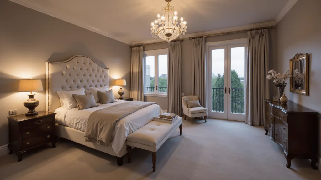 "Luxurious master bedroom at twilight with cream velvet headboard, crystal chandelier, brass sconces, vintage French dresser, and floor-to-ceiling windows"