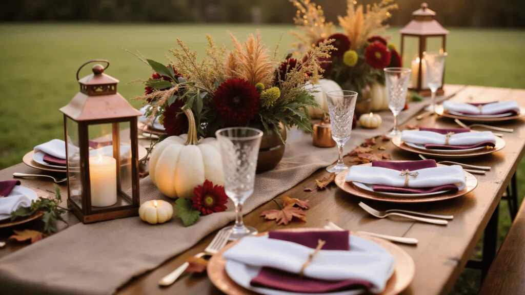 "Autumn wedding table setting with white pumpkins, burgundy dahlias, copper accents, maple leaves, and candles on a wooden harvest table."