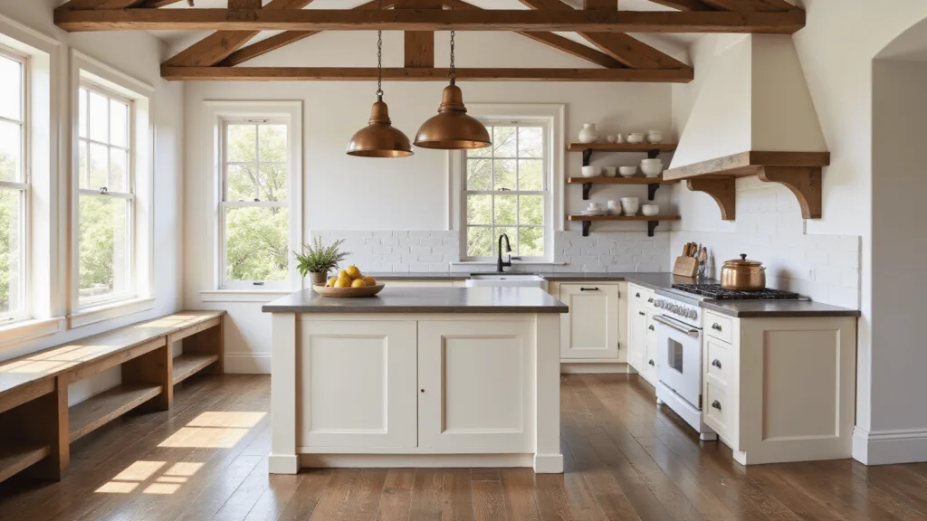 "Farmhouse kitchen with Alabaster white walls, weathered oak floors, vintage copper pendants, a white farmhouse sink, and ironstone pottery on open shelves; bathed in warm morning light."