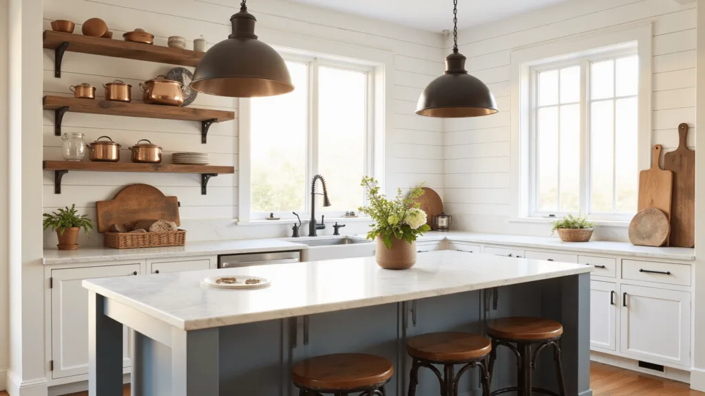"Sunlit farmhouse kitchen with pendant lights, marble island, vintage copper cookware, cutting boards, wrought iron bar stools, and hardwood floors during golden hour"