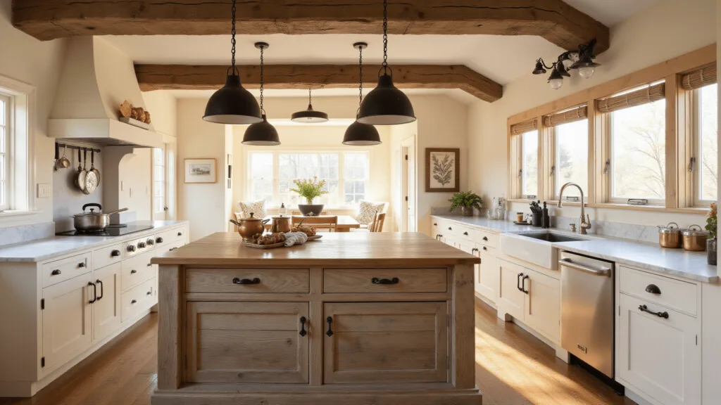 "Cozy farmhouse kitchen with rustic wooden beams, vintage pendant lights, marble countertops, and copper cookware during golden hour"