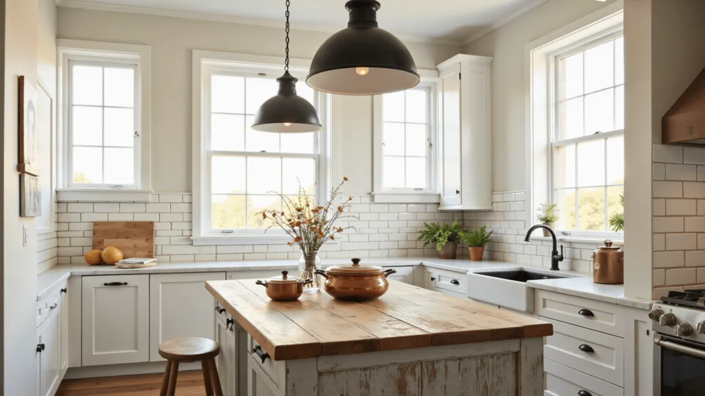 "Sunlit farmhouse kitchen with black pendant lights, wooden island, marble countertops, copper cookware, and white shiplap walls"