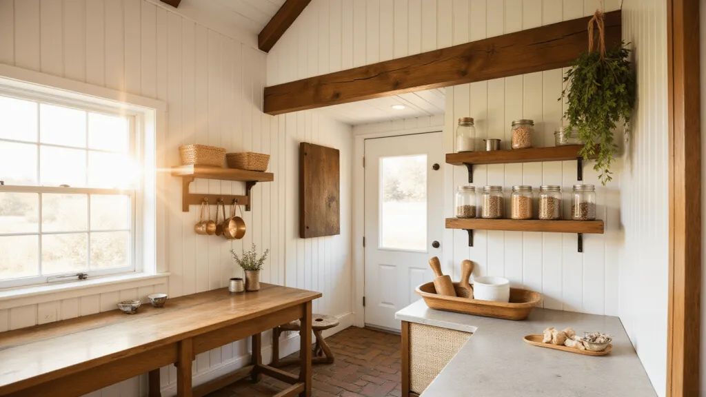 "Sunlit farmhouse pantry with rustic oak shelves, vintage mason jars, and golden hour light creating warm shadows on brick flooring"