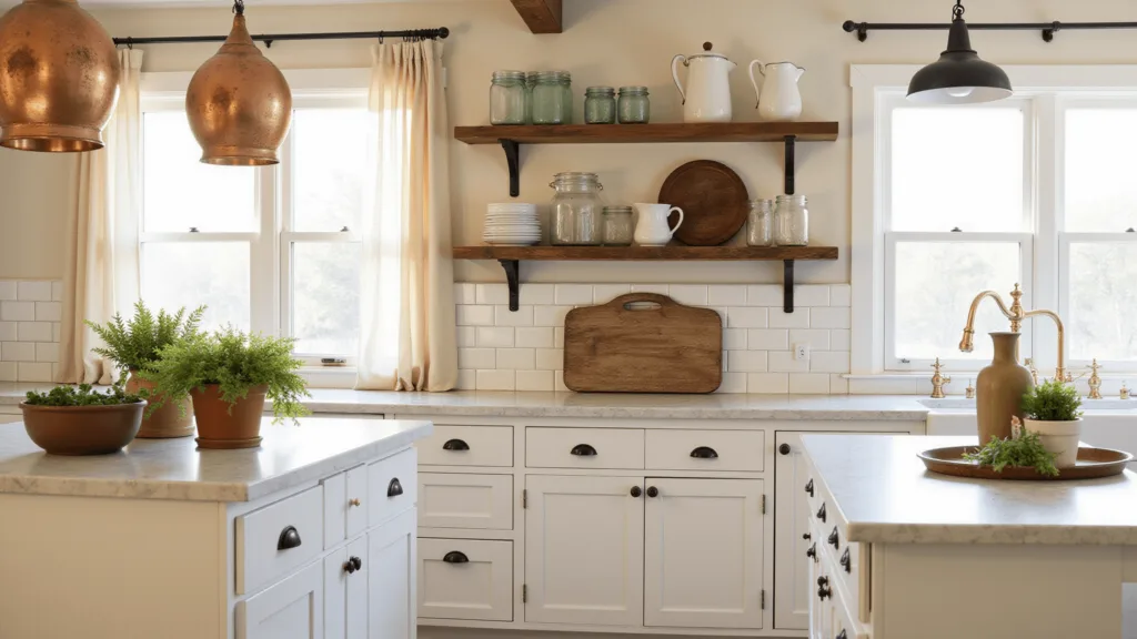 "Rustic farmhouse kitchen with white cabinets, marble island, and vintage copper pots in morning light."