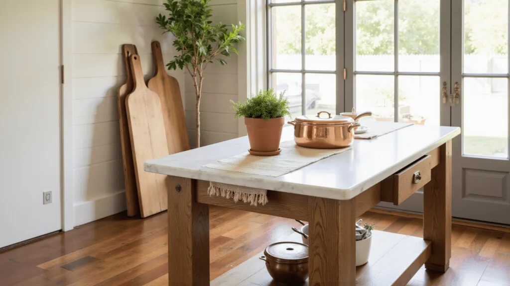 "Rustic farmhouse kitchen with an oak island topped with white marble, vintage copper cookware, and fresh herbs in terracotta pots, highlighted by warm natural sunlight"