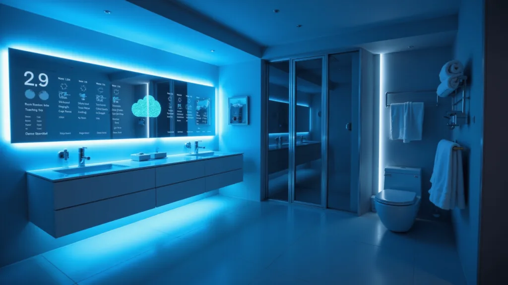 "Futuristic blue-lit bathroom with smart mirror displaying holographic data, chrome fixtures, and digital control panels"