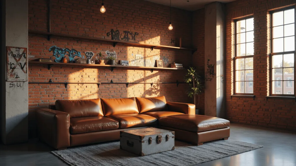 "Sunlit urban loft with leather sectional, graffiti on exposed brick wall, industrial shelving, concrete floors, and Edison bulb pendant lights during the golden hour"