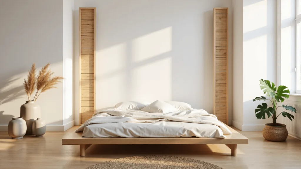 "Japandi-style bedroom with low platform bed, bamboo screens, ceramic vases with dried grass, potted plant, and morning light"