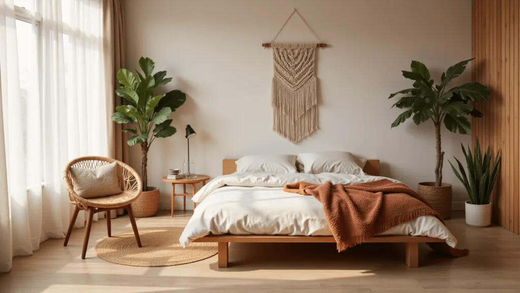 "Minimalistic Japanese and bohemian styled bedroom with wooden platform bed, rattan chair, and earth-toned decor bathed in golden hour light"