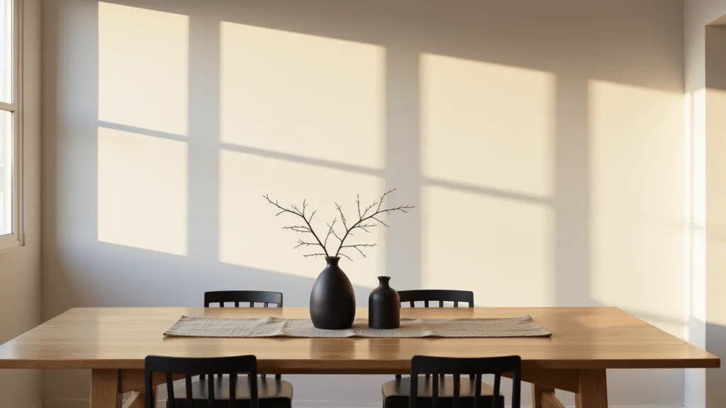 "Minimalist Japandi dining room with a solid oak table, black chairs and a sculptural branch centerpiece, bathed in soft golden hour light"