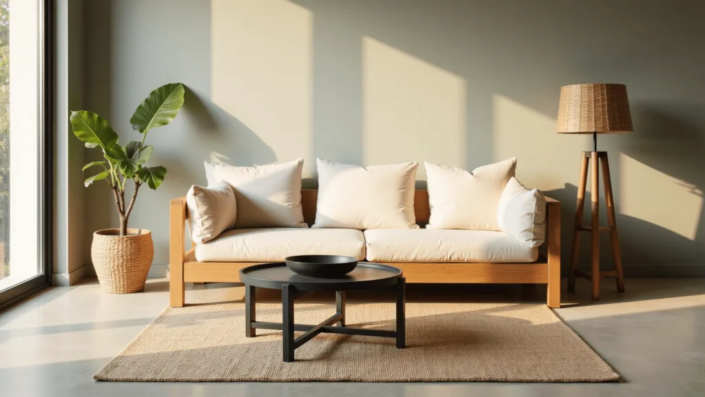 "Serene Japandi minimalist living room featuring oak platform sofa, bamboo floor lamp, muted sage green wall and natural textures"