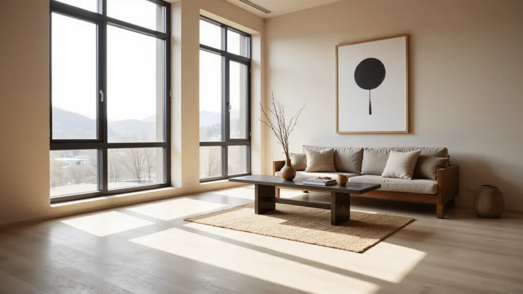 "Japandi style living room with walnut sofa, black oak coffee table, bamboo accents and ikebana floral arrangement in soft morning light"