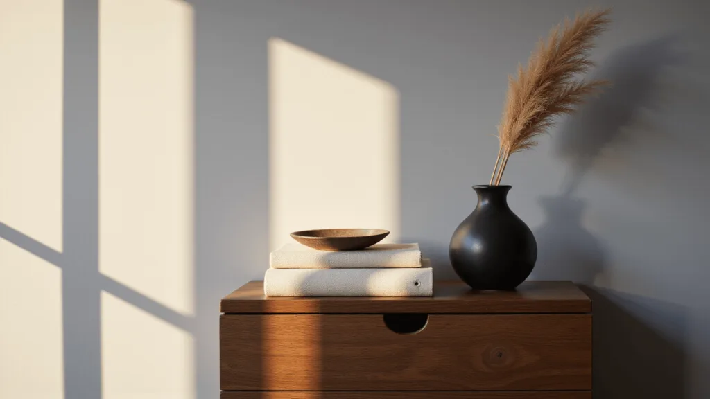 "Japandi-style walnut nightstand with ceramic vase, pampas grass, linen books, and wabi-sabi dish in golden hour light against a light grey wall"
