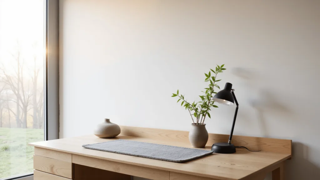 "Light-filled Japandi style home office with minimalist oak desk, matte black lamp, and ceramic vase with bamboo stem"