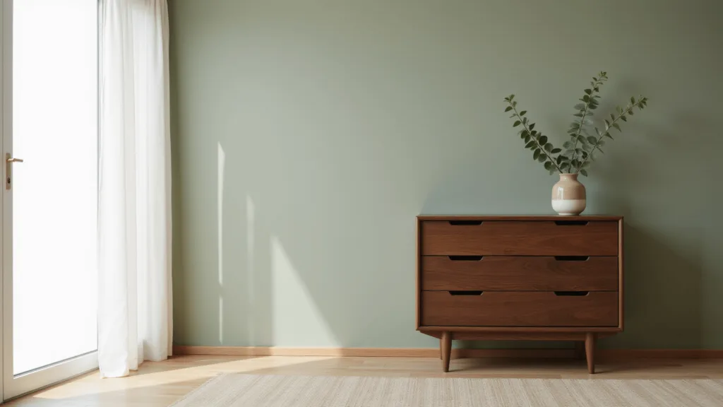 "Minimalist Japandi-styled bedroom with a walnut wood dresser, a ceramic vase with eucalyptus, against a sage green wall."