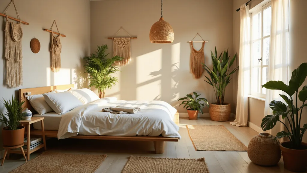 "Cozy Japanese-Boho bedroom with wooden platform bed, rattan light fixture, macramé wall decor, green plants, and natural light filtering through sheer curtains."