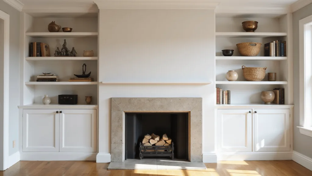 "Elegant living room with white built-in shelves, limestone fireplace, and styled decor lit by natural sunlight"