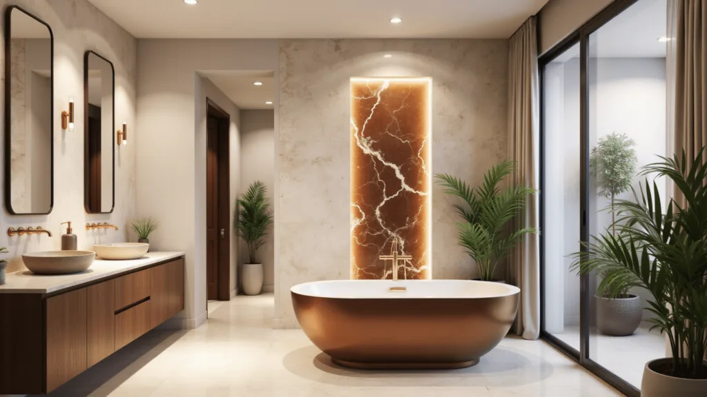 "Luxurious bathroom interior with copper soaking tub, marble tiles, onyx sinks, and high-end gold fixtures"
