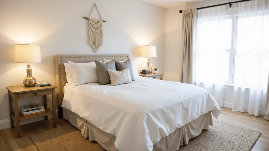 "Luxury guest room with plush bedding in neutral tones, vintage brass lamps, and artisanal decor, bathed in warm morning light"