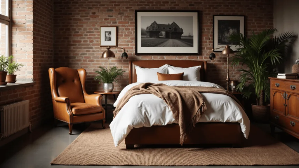 "Masculine boho bedroom with white linen bed, vintage leather chair, Moroccan textiles, and exposed brick wall in golden hour lighting"