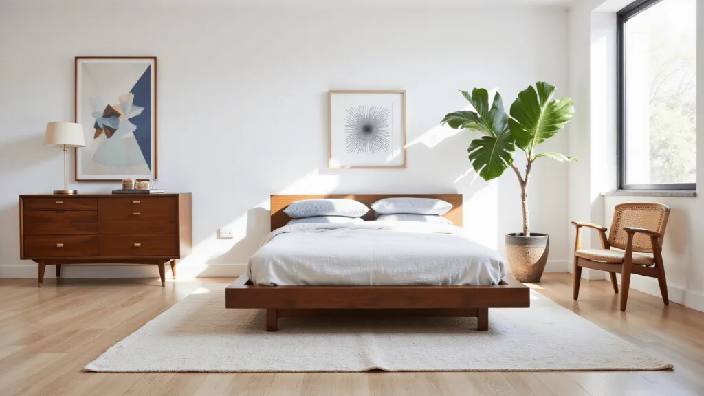 "Mid-century modern bedroom with walnut platform bed, Danish dresser, geometric art on walls, and fiddle leaf fig plant"