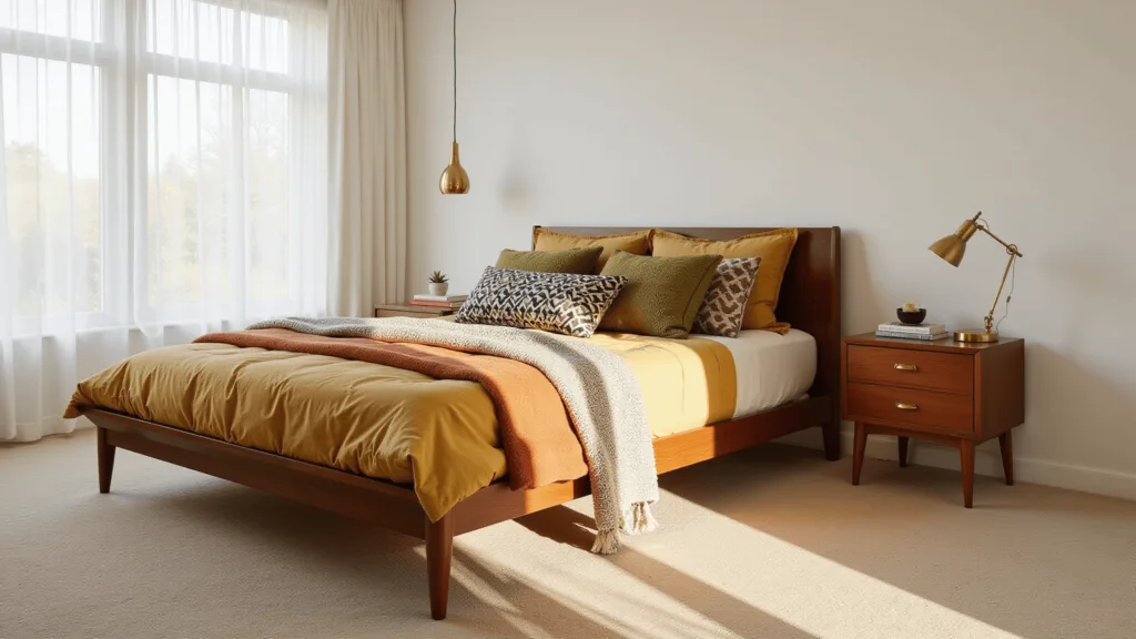 "Mid-century modern bedroom with walnut platform bed, earth-toned bedding, geometric pillows, Danish nightstands, and a brass pendant lamp"
