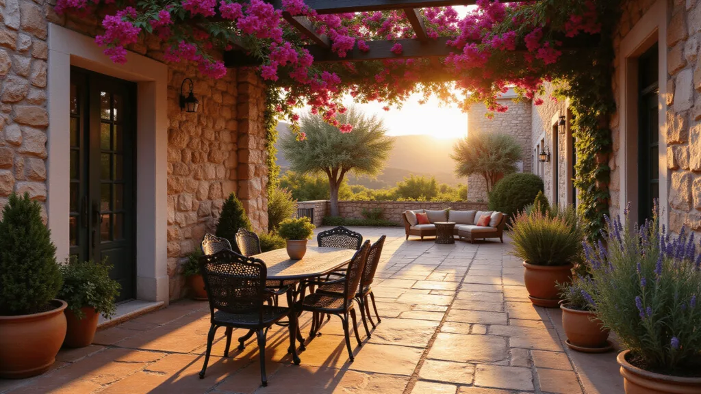 "Mediterranean courtyard at sunset with stone walls, pink bougainvillea, wrought iron furniture, terracotta tiles, olive trees, and golden light"