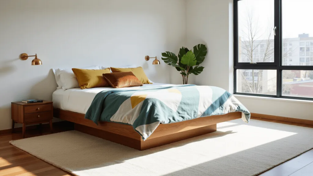 "Mid-century modern bedroom with walnut platform bed adorned with geometric-patterned linens, a brass wall sconce, and a fiddle leaf fig plant"