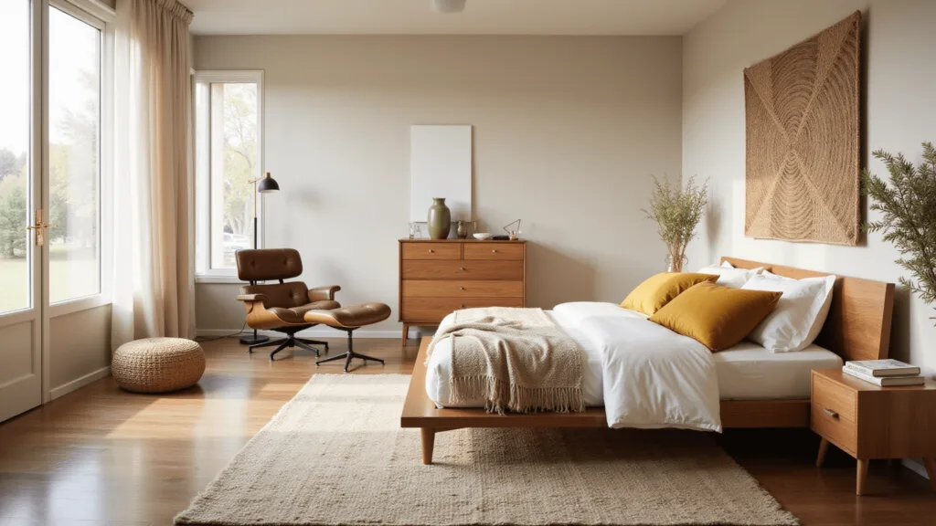 "Mid-century modern bedroom with walnut furniture, brass accents, and large windows letting in golden sunlight"