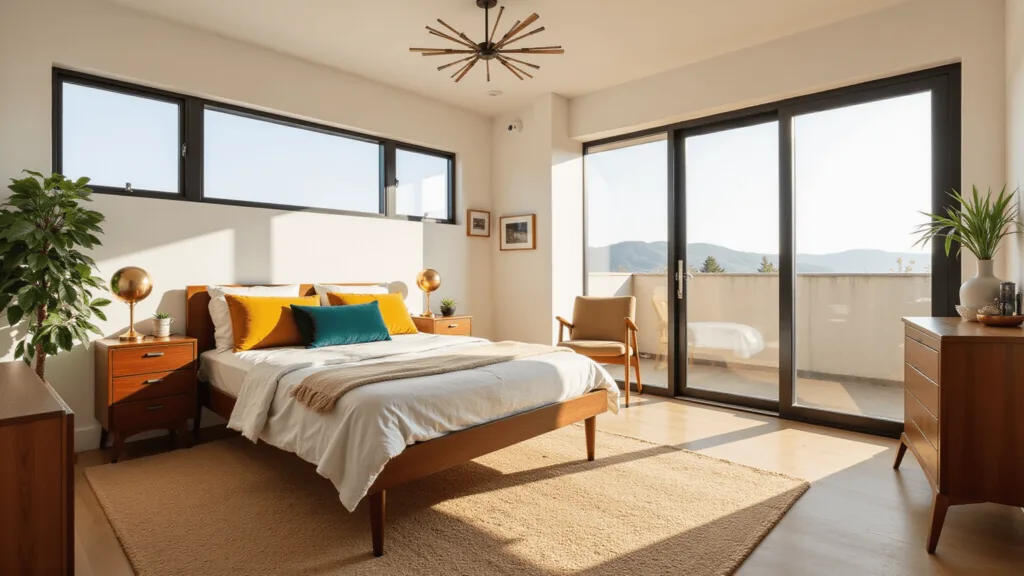 "Mid-century modern bedroom with walnut platform bed, Danish dresser, brass chandelier, and floor-to-ceiling windows, bathed in golden hour sunlight"