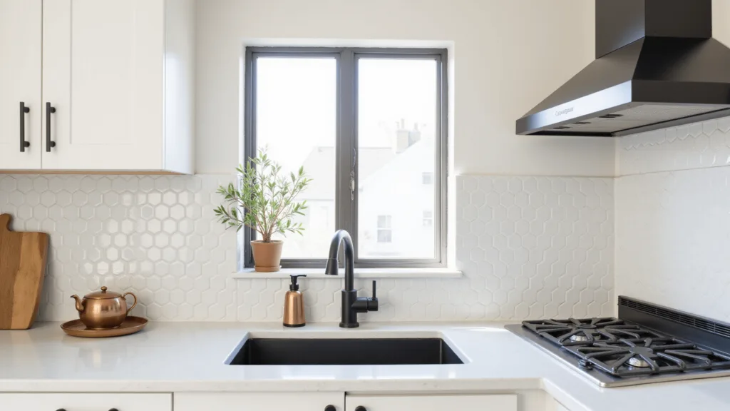 "Minimalist white kitchen with marble countertops, copper accessories, and morning sunlight"