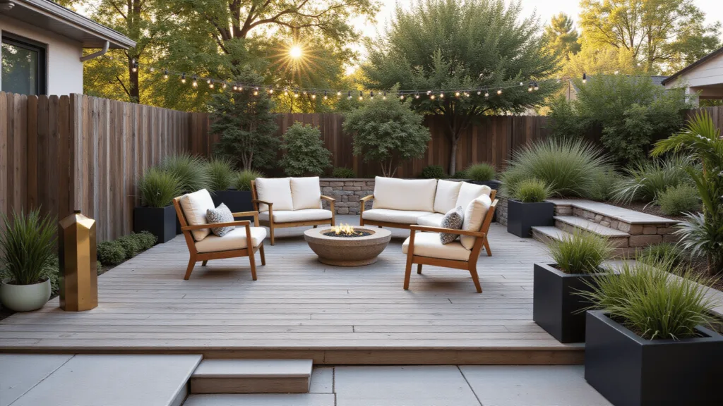 "Rustic-modern backyard with multi-level deck, teak furniture, brass planters and a stone fire pit at sunset"