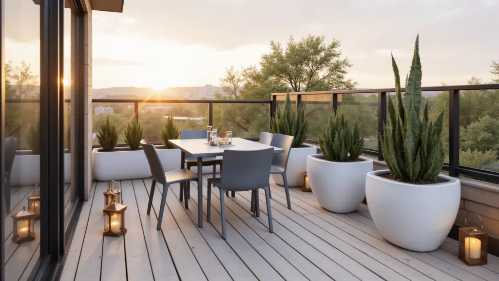 "Modern minimalist balcony with bistro set, snake plants in white planters, and copper lanterns during golden hour"