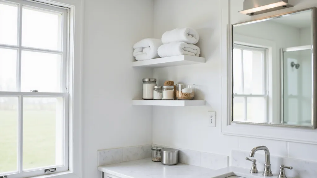 "Modern minimalist bathroom with white floating shelves, chrome accessories, fluffy white towels, marble countertops, and natural light streaming through a frosted window"