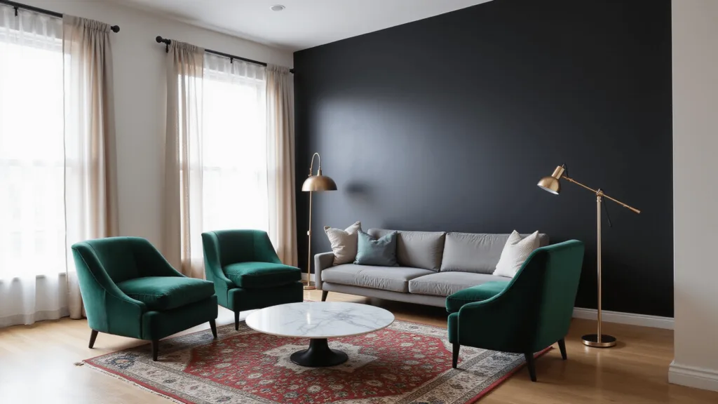 "Modern living room with black accent wall, emerald velvet armchairs, gray sofa, brass floor lamp, marble coffee table, vintage Persian rug, and natural sunlight through sheer curtains."