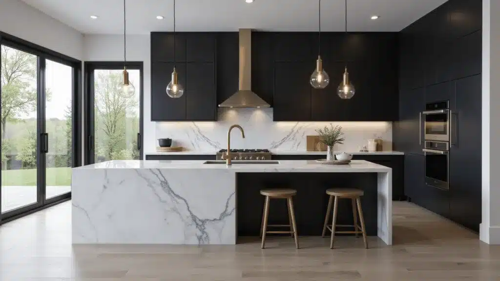 "Luxurious modern kitchen with matte black cabinets, white marble island, brass accents, and natural light from floor-to-ceiling windows"