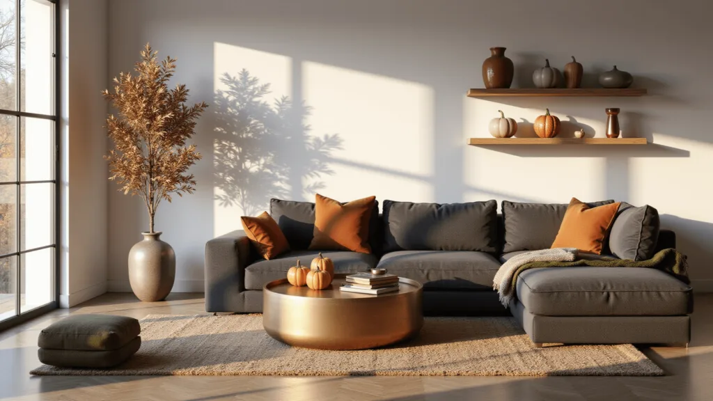 "Modern living room with warm fall decor, golden hour sunlight illuminating a gray sectional sofa, terracotta pillows, and olive throws"