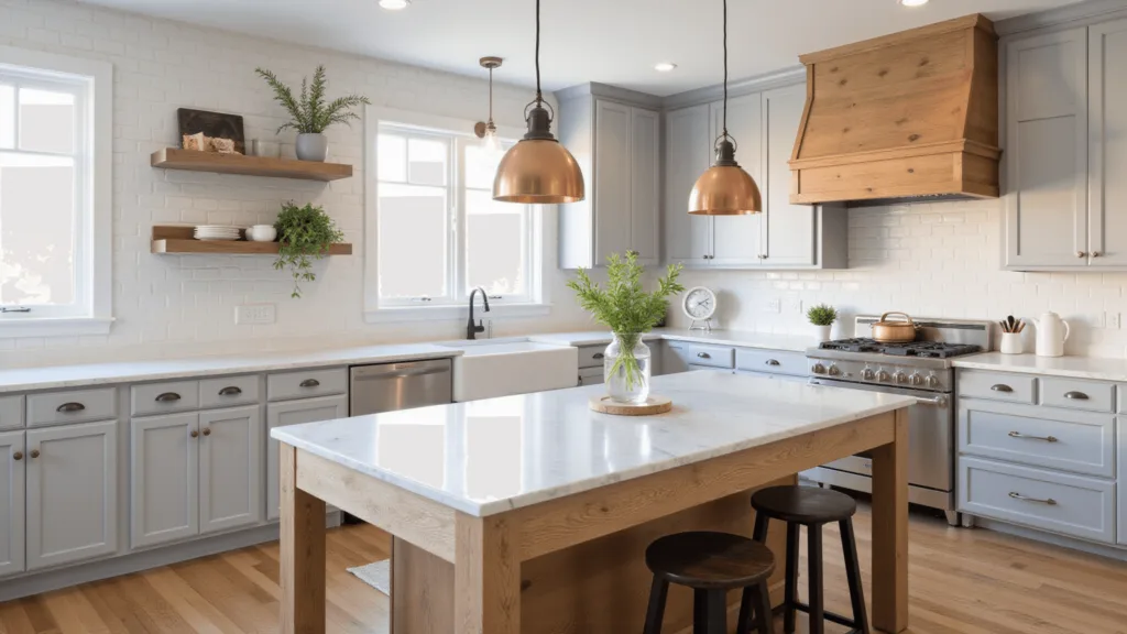 "Modern farmhouse kitchen with gray cabinets, white marble countertops, and copper pendant lights in golden hour light"