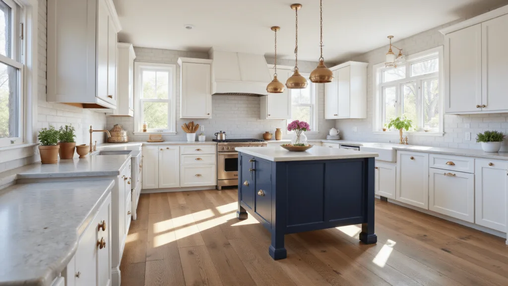 "Spacious farmhouse kitchen with navy blue island, white cabinets, marble counters, and weathered oak floors under morning sunlight."